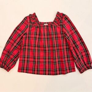 J Crew red plaid square neck ruffle blouse